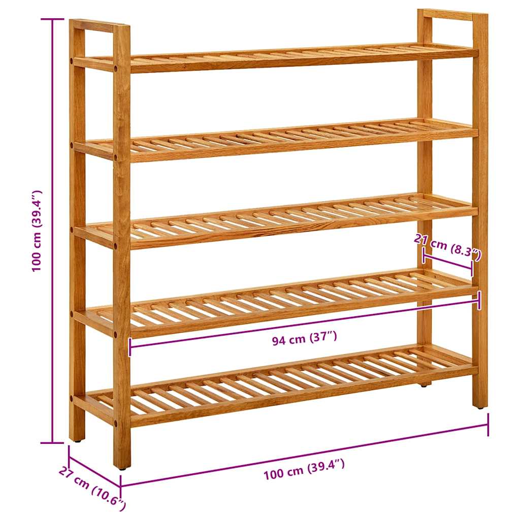 Stalak za obuću s 5 polica 100x27x100 cm od masivne hrastovine