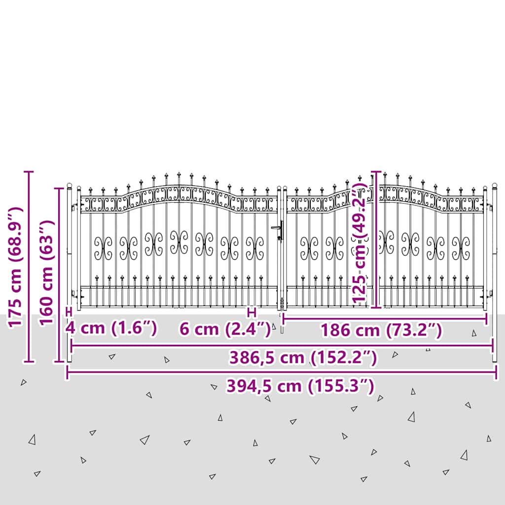 Vrata za ogradu KAMPEN s kopljem na vrhu crna 394,5 x 125 cm čelična