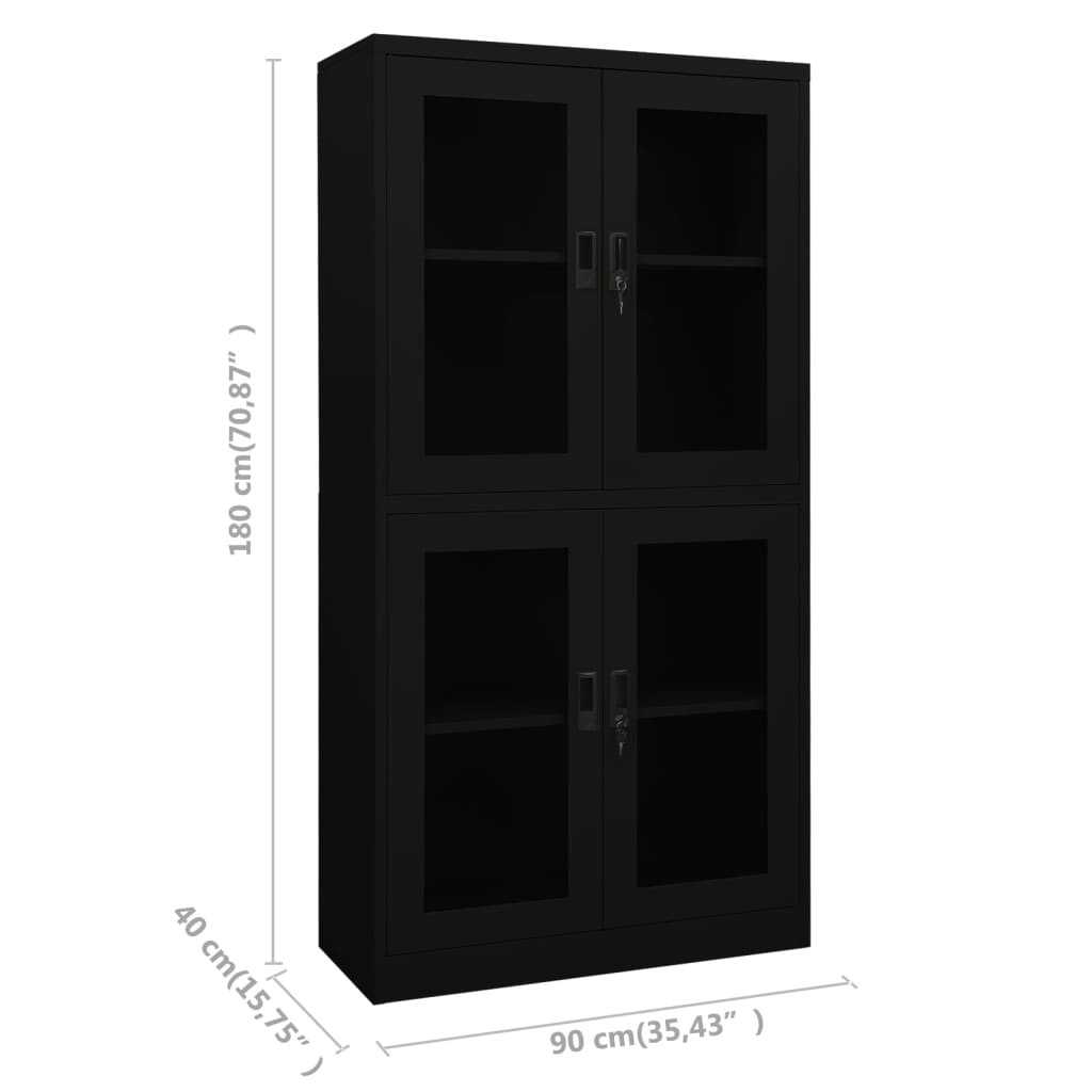 Uredski ormarić crni 90 x 40 x 180 cm čelik i kaljeno staklo