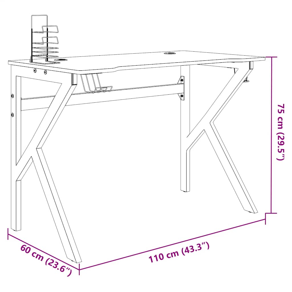 Igraći stol s nogama u oblika slova K crni 110 x 60 x 75 cm