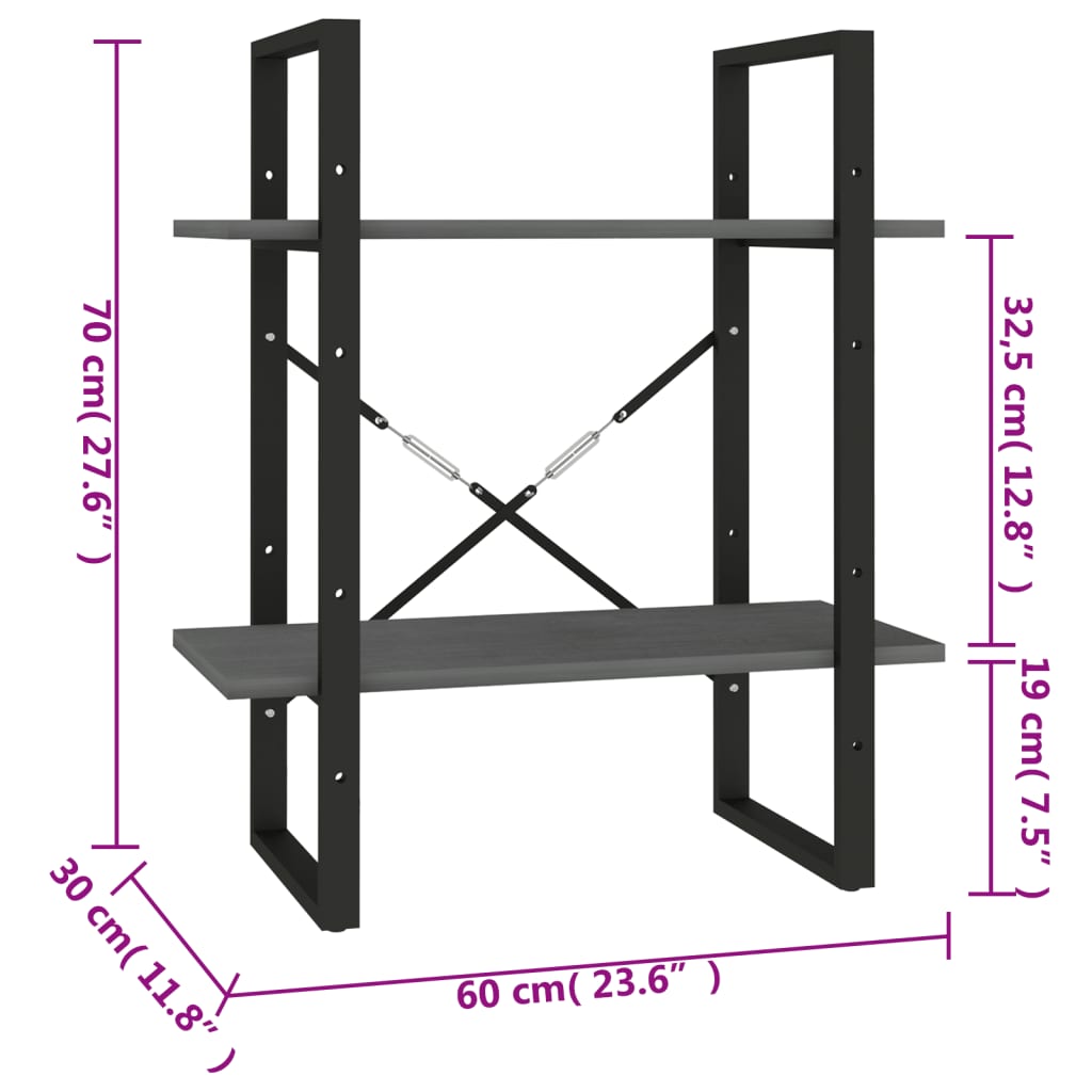 Ormarić za knjige s 2 razine sivi 60x30x70 cm masivna borovina