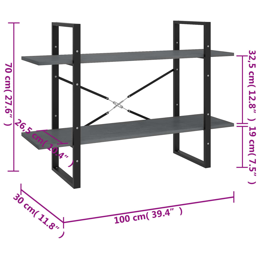Ormarić za knjige s 2 razine sivi 100 x 30 x 70 cm od borovine