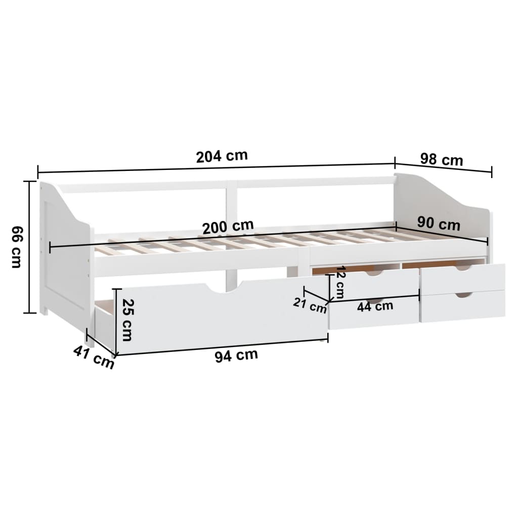 Trosjed/ležaj s ladicama bijeli 90 x 200 cm od masivne borovine