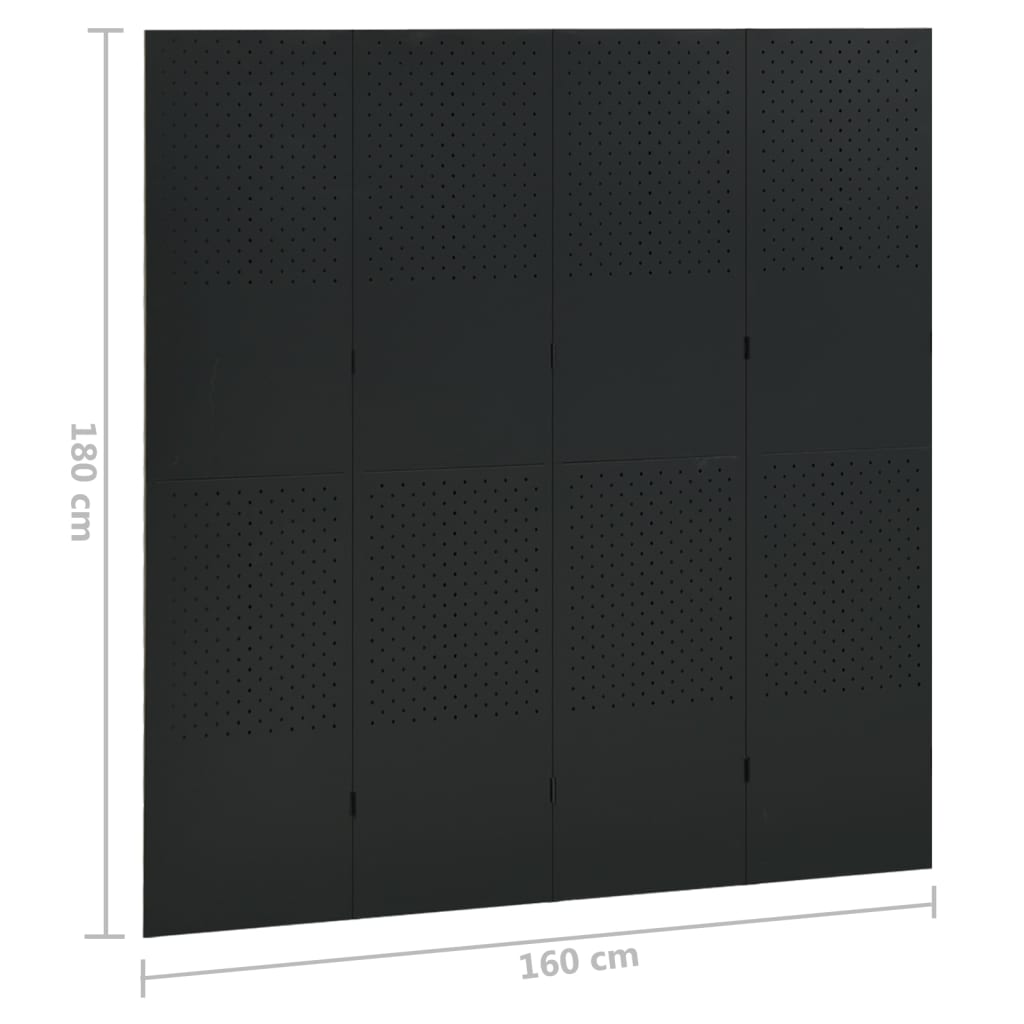 Sobna pregrada s 4 panela crna 160 x 180 cm čelična