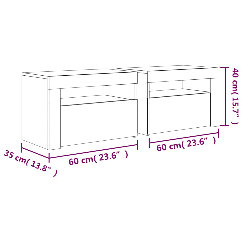Noćni ormarići 2 kom s LED svjetlima bijeli 60 x 35 x 40 cm