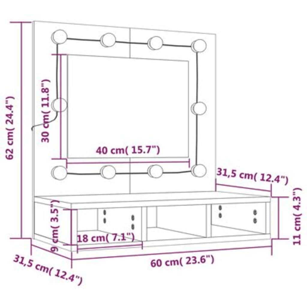 Ormarić s ogledalom LED boja hrasta sonome 60 x 31,5 x 62 cm