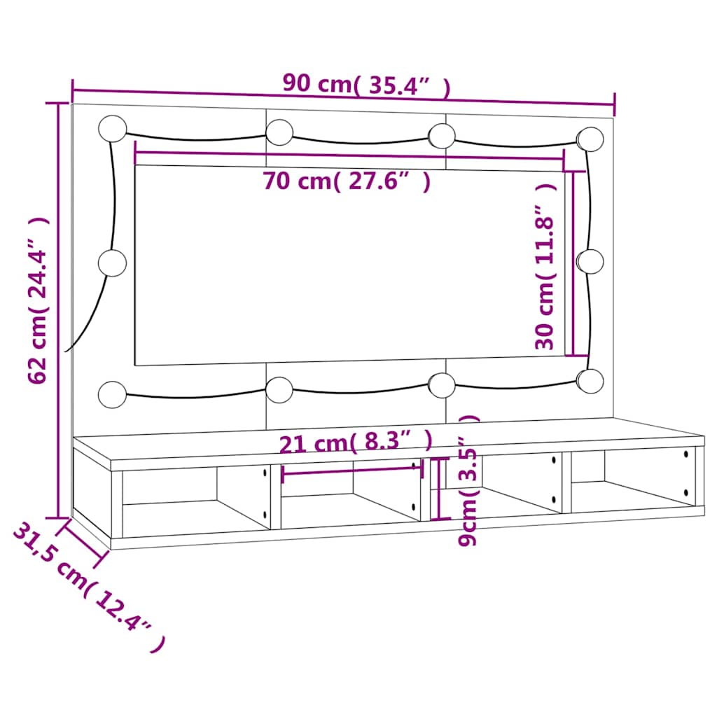 Ormarić s ogledalom i LED svjetlima bijeli 90 x 31,5 x 62 cm