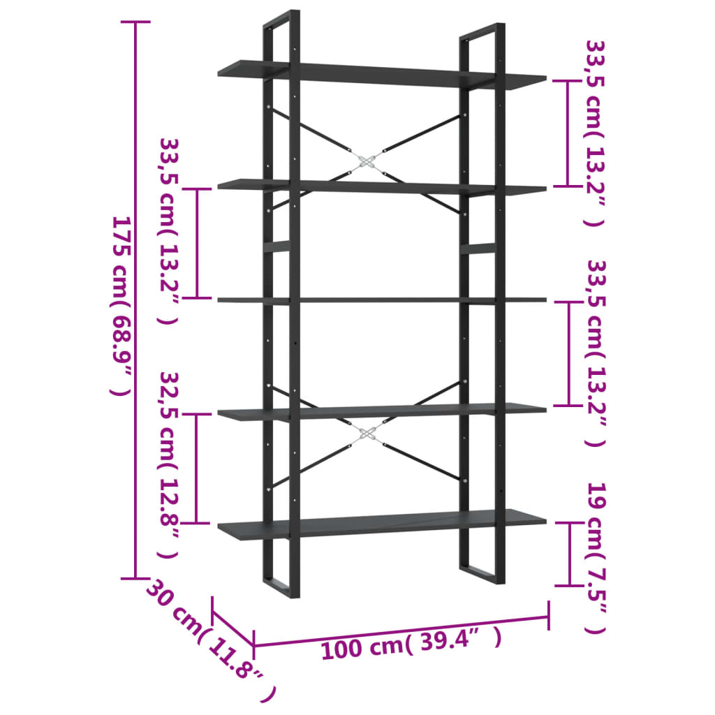 Ormarić za knjige 5 razina sivi 100x30x175 cm konstruirano drvo