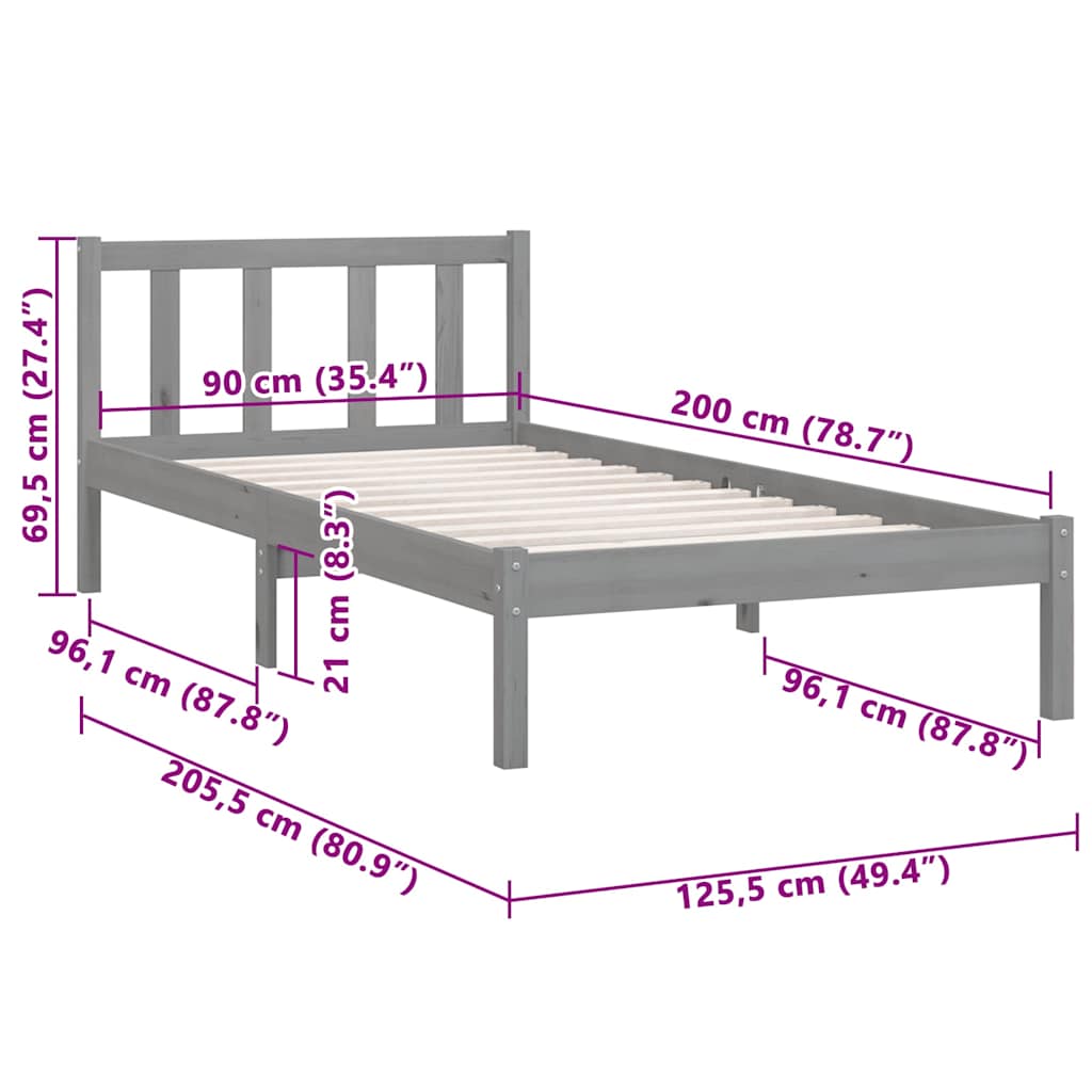 Okvir za krevet od masivne borovine sivi 90 x 200 cm