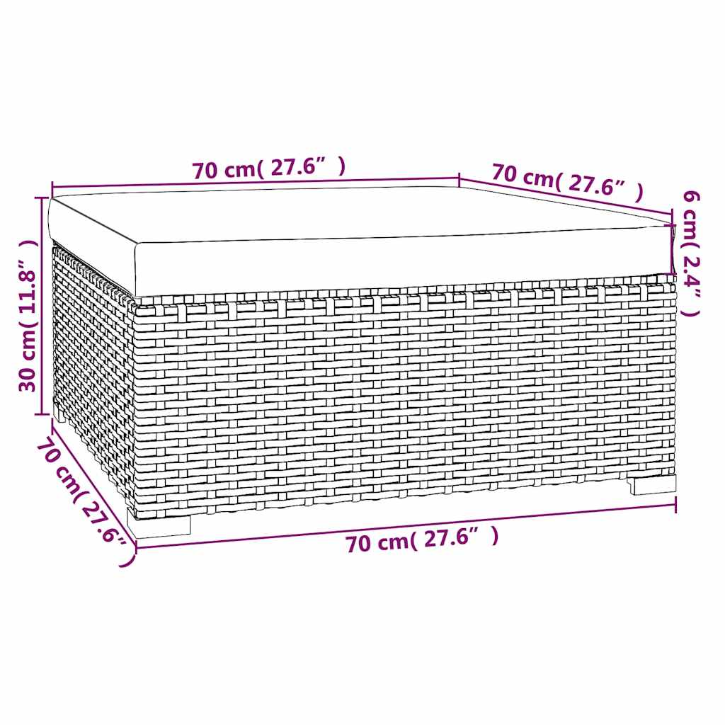 Vrtni tabure s jastukom crni 70 x 70 x 30 cm od poliratana