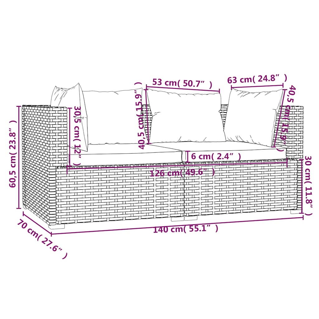 3-dijelna vrtna garnitura od poliratana s jastucima crna