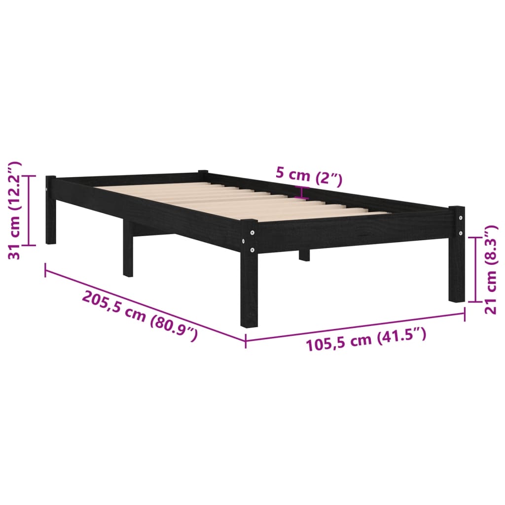 Okvir za krevet od masivne borovine crni 100 x 200 cm