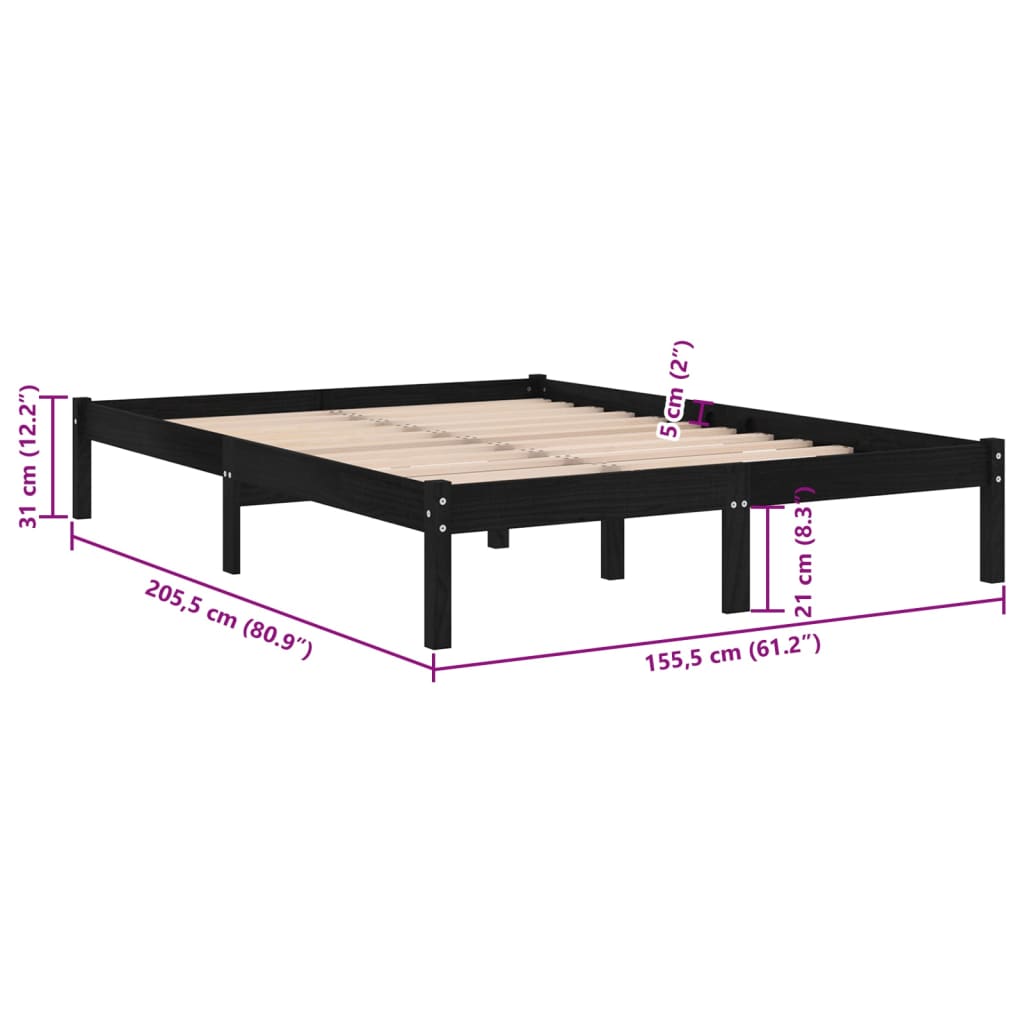 Okvir za krevet od masivnog drva crni 150 x 200 cm veliki