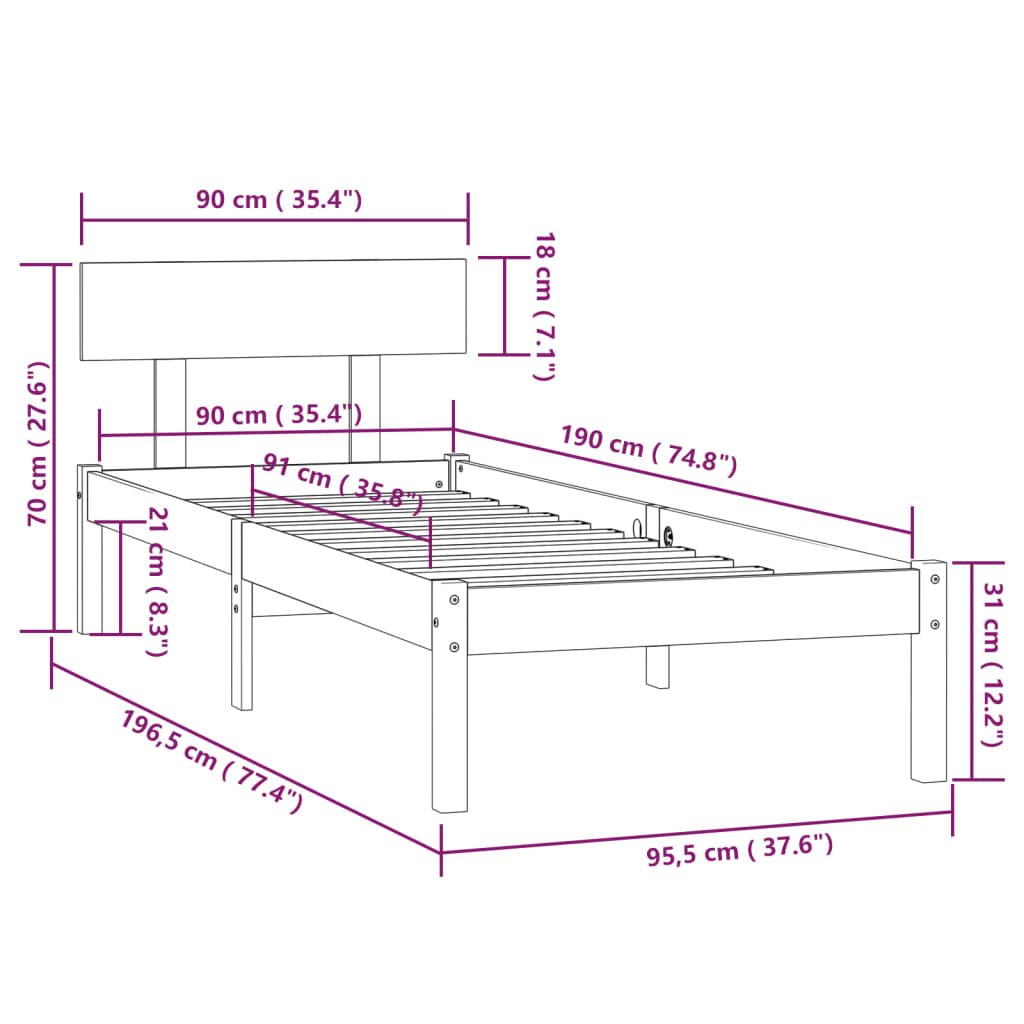 Okvir za krevet boja meda od borovine 90 x 190 cm mali