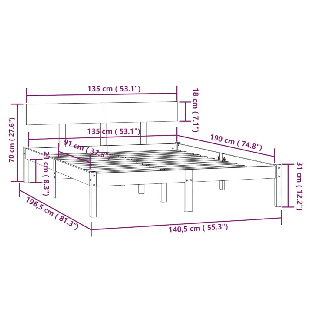 Okvir za krevet od masivne borovine crni 135x190 cm bračni