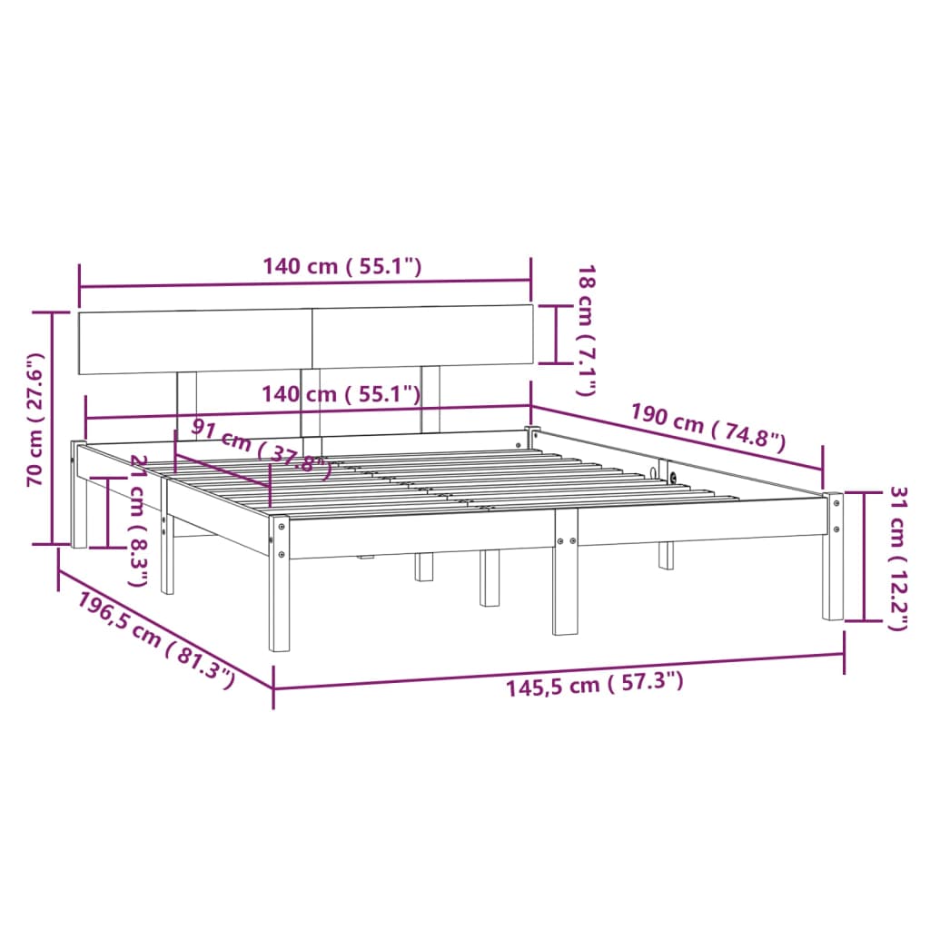 Okvir za krevet od masivne borovine sivi 140 x 190 cm