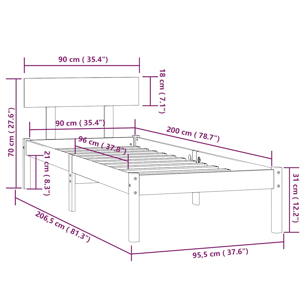 Okvir za krevet od masivne borovine crni 90 x 200 cm