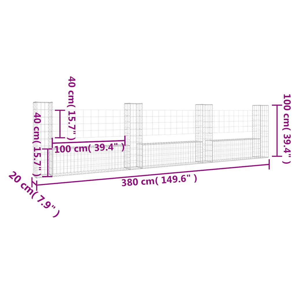 Gabionska košara U-oblika s 4 stupa 380 x 20 x 100 cm željezna