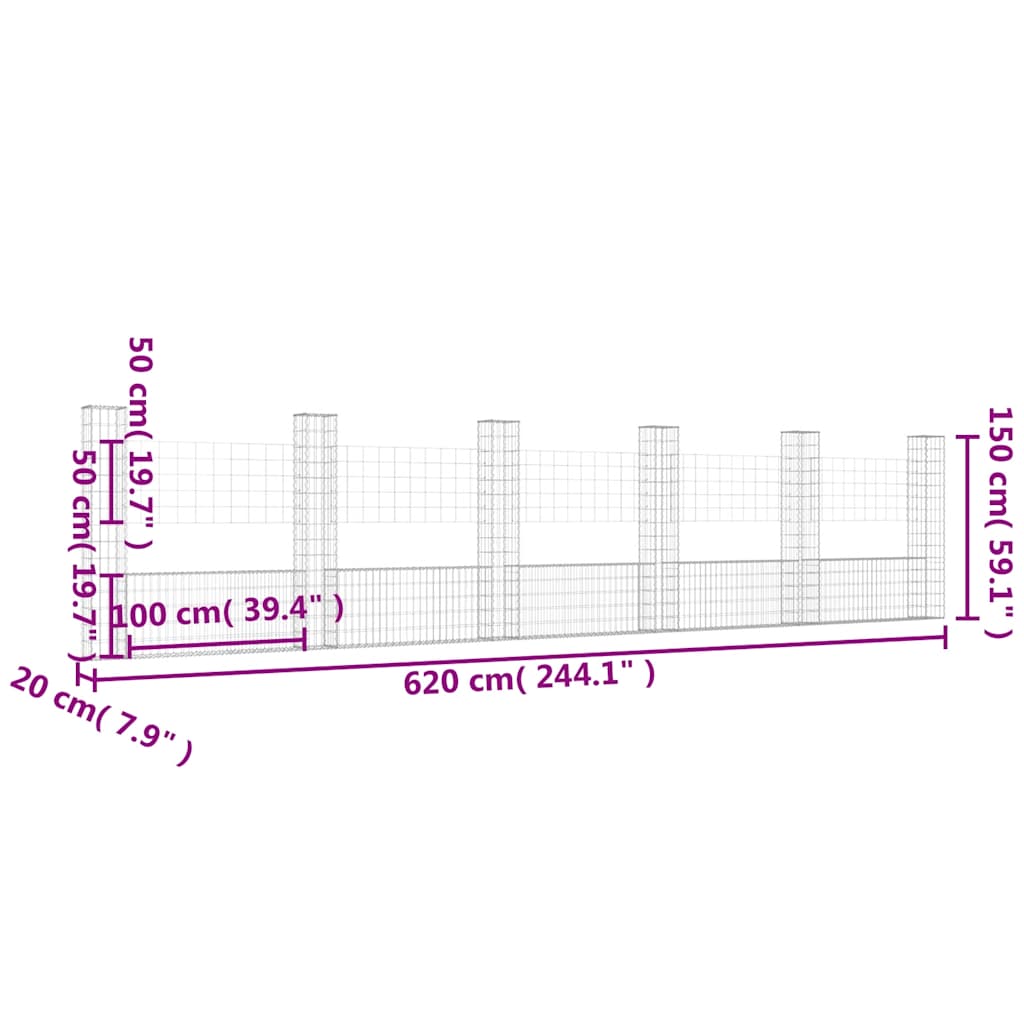 Gabionska košara U-oblika sa 6 stupova 620x20x150 cm željezna