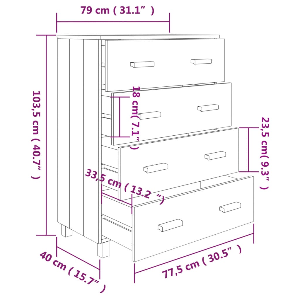 Komoda HAMAR bijela 79 x 40 x 103,5 cm od masivne borovine