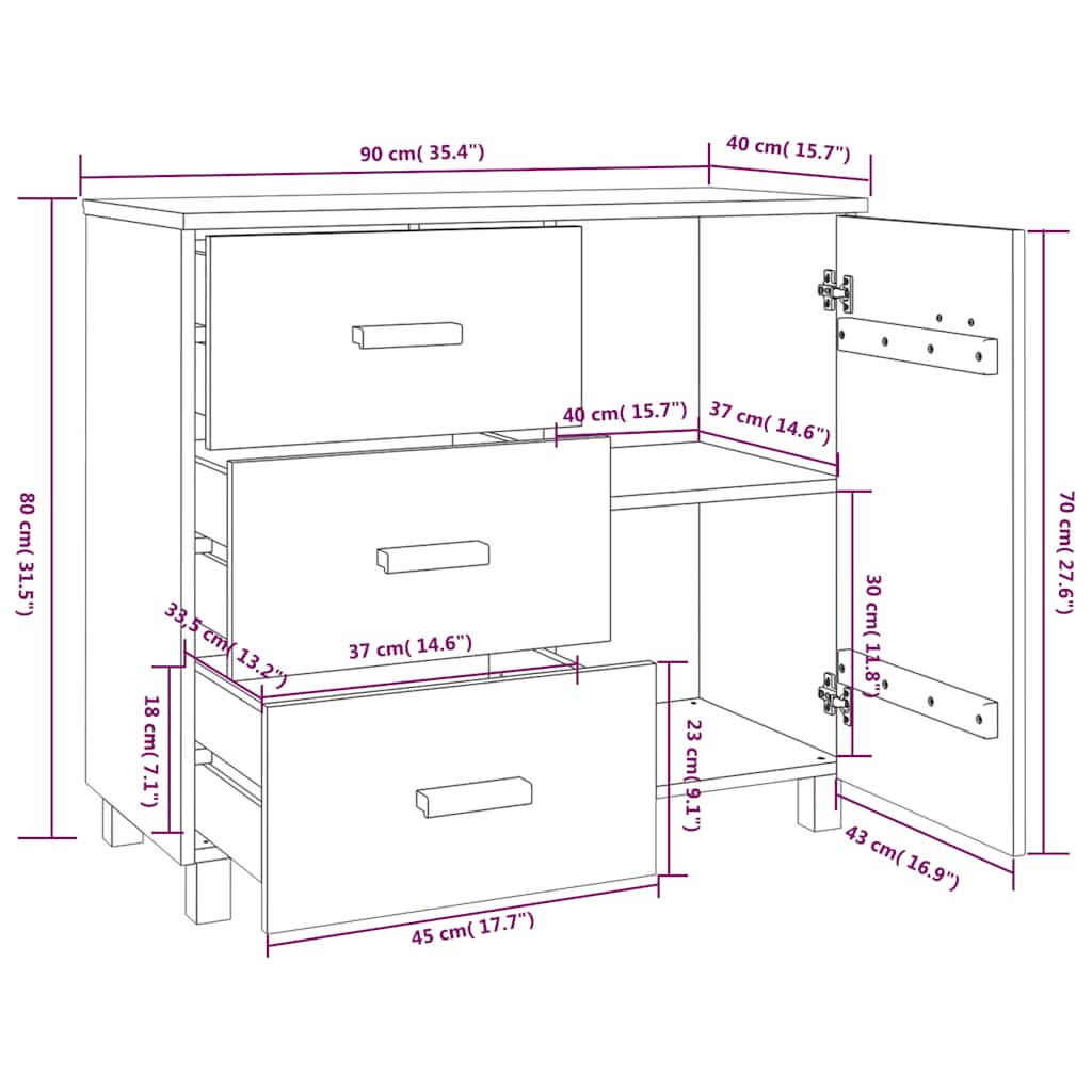 Komoda HAMAR svjetlosiva 90 x 40 x 80 cm od masivne borovine
