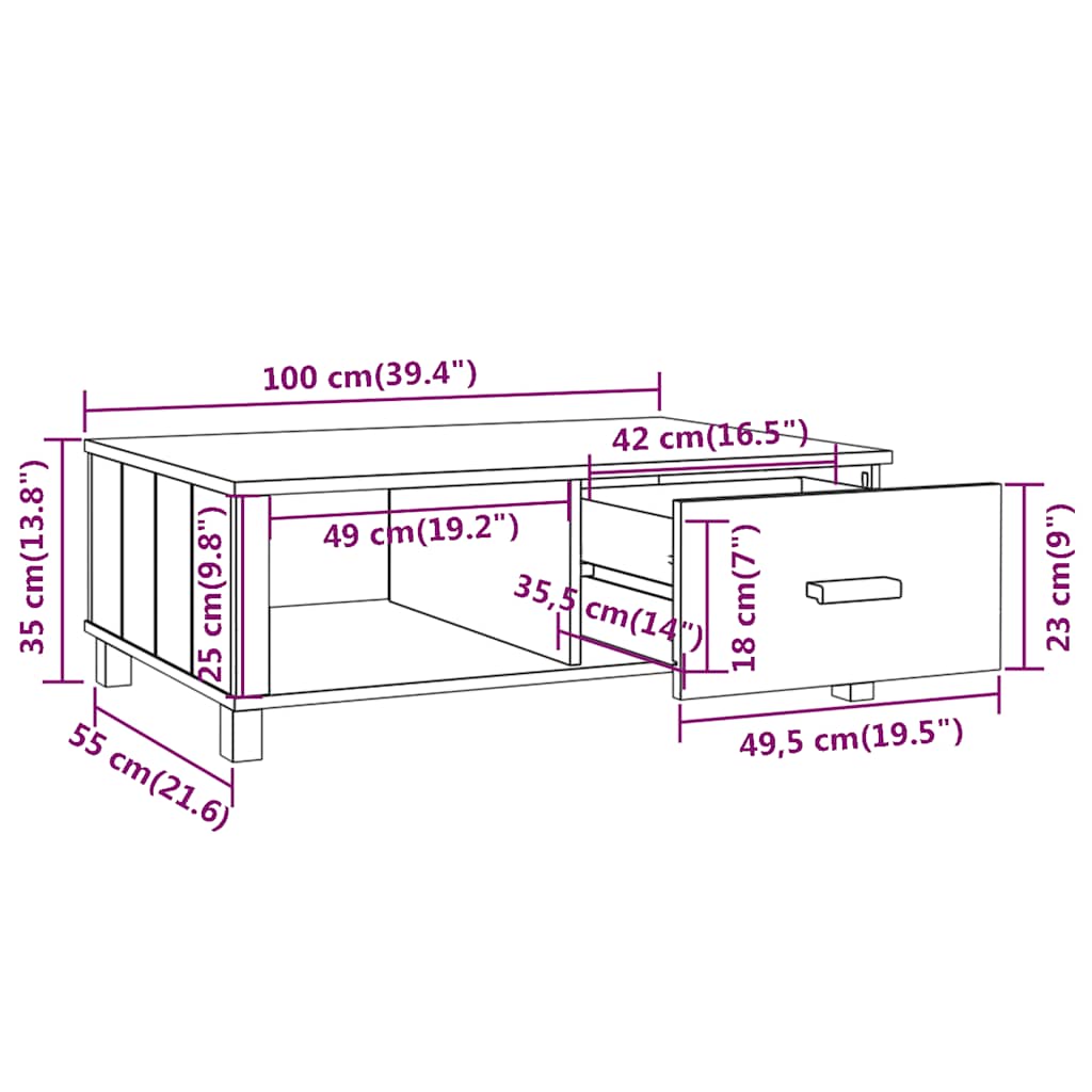 Stolić za kavu HAMAR svjetlosivi 100x55x35 cm masivna borovina
