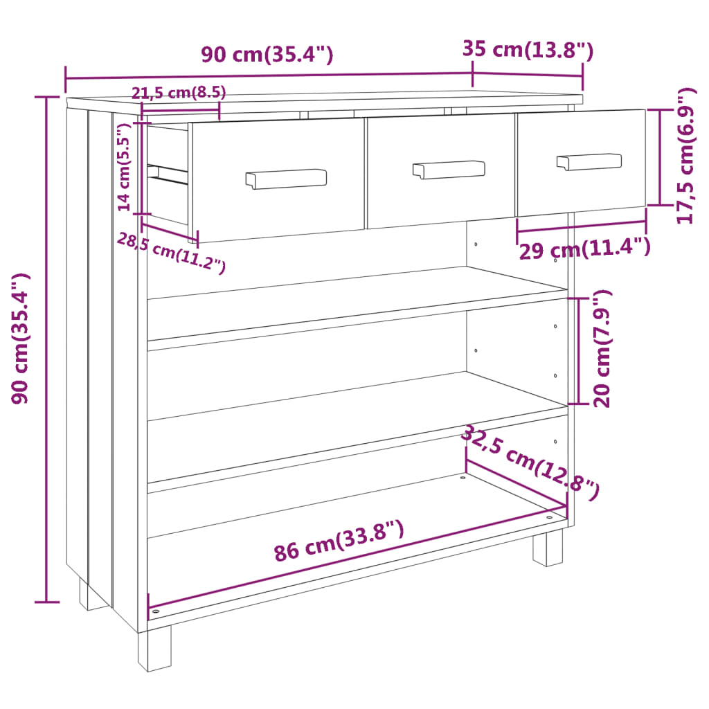 Konzolni stol HAMAR boja meda 90x35x90 cm od masivne borovine