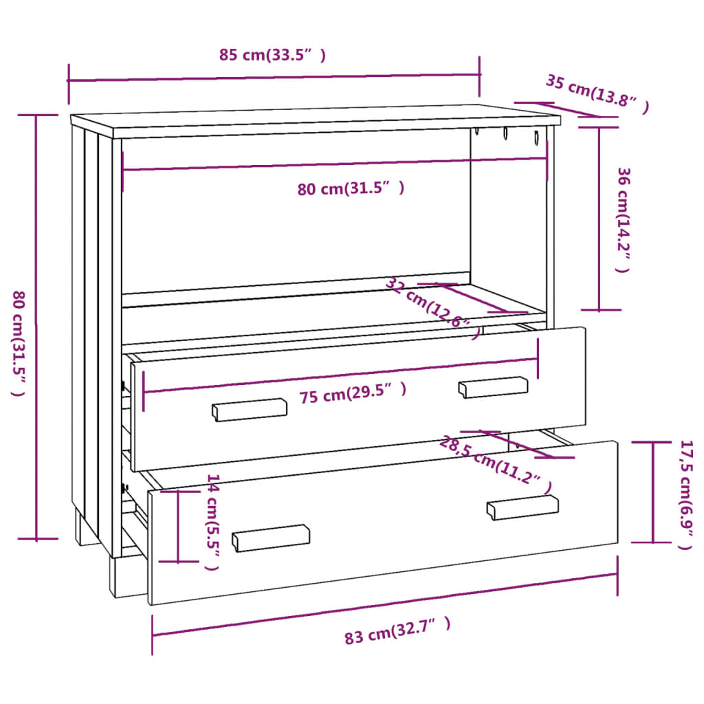 Komoda HAMAR tamnosiva 85 x 35 x 80 cm od masivne borovine