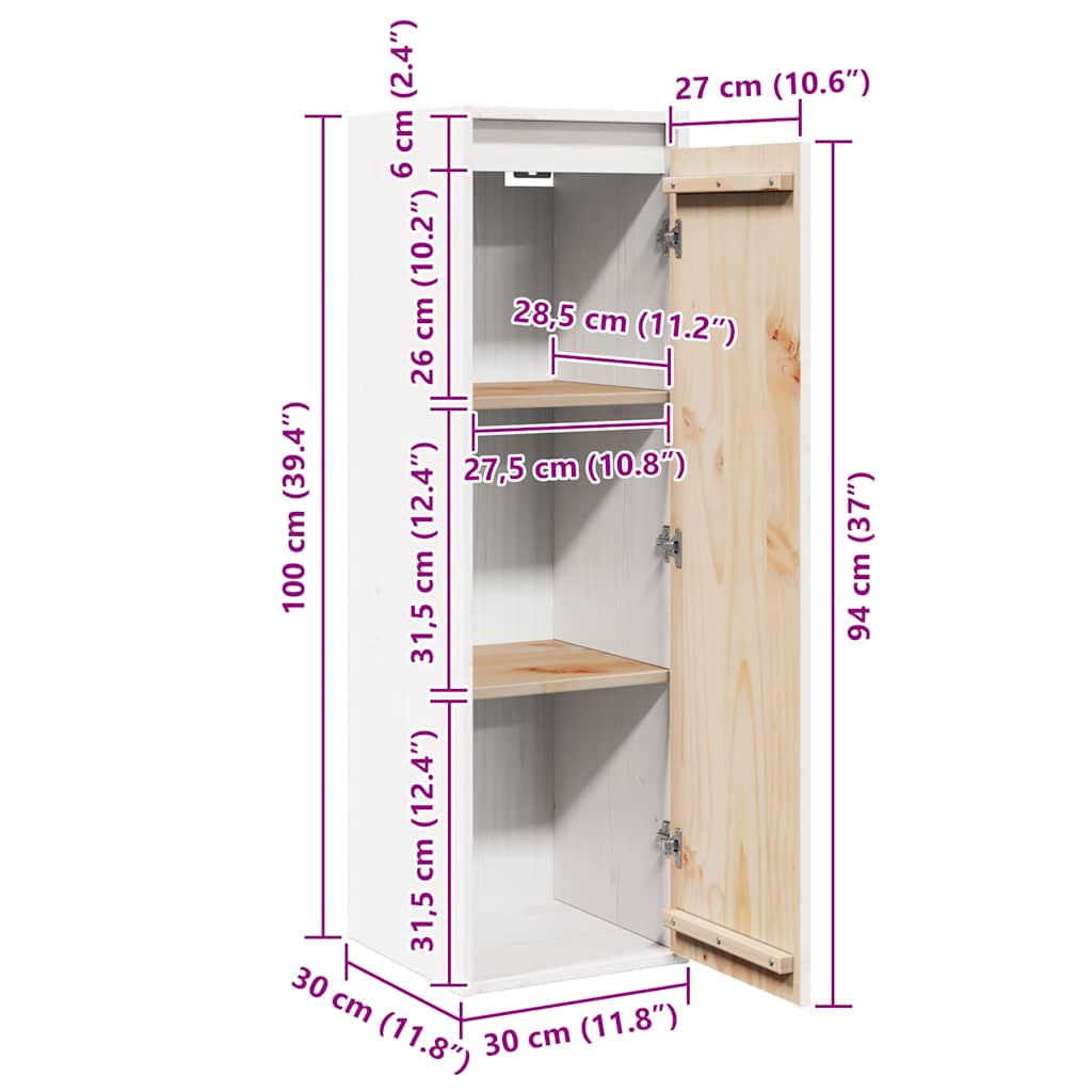 Zidni ormarići 2 kom bijeli 30x30x100 cm od masivne borovine