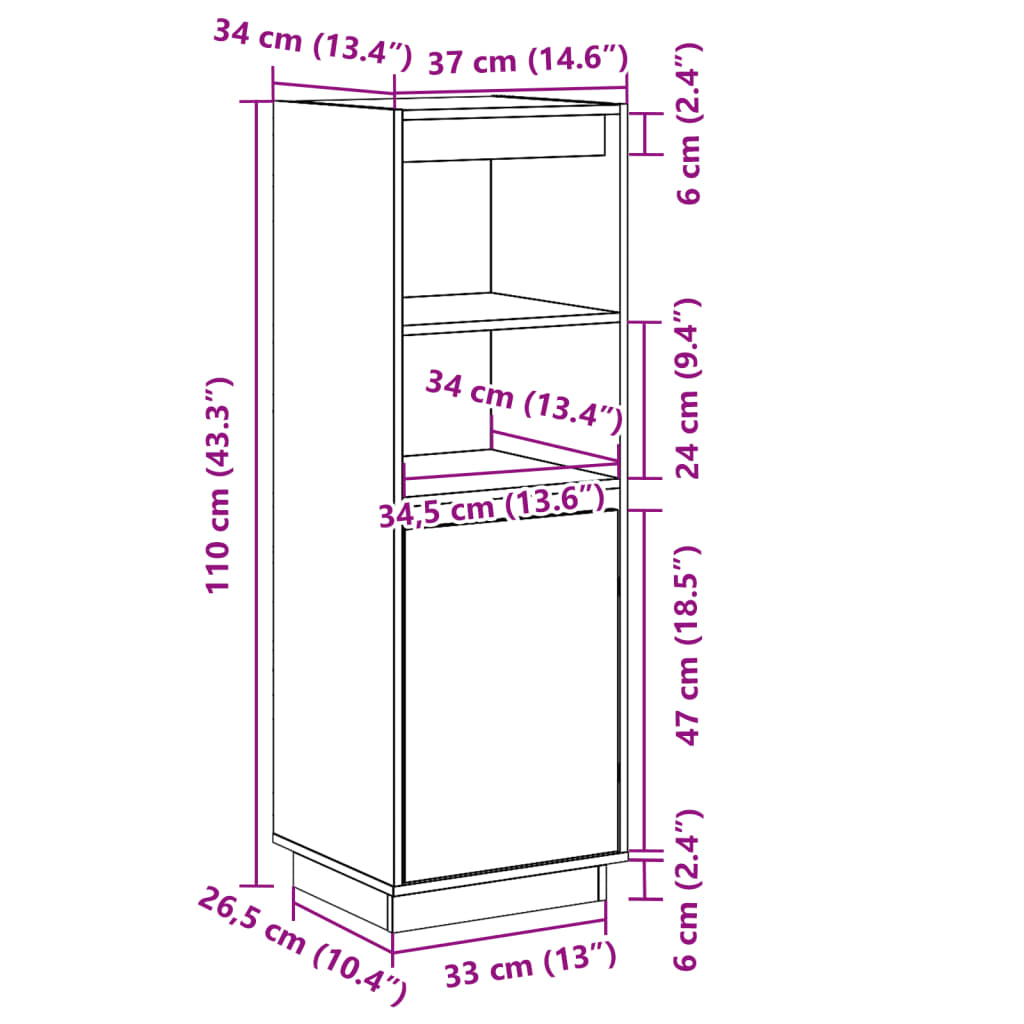 Visoka komoda 37 x 34 x 110 cm od masivne borovine
