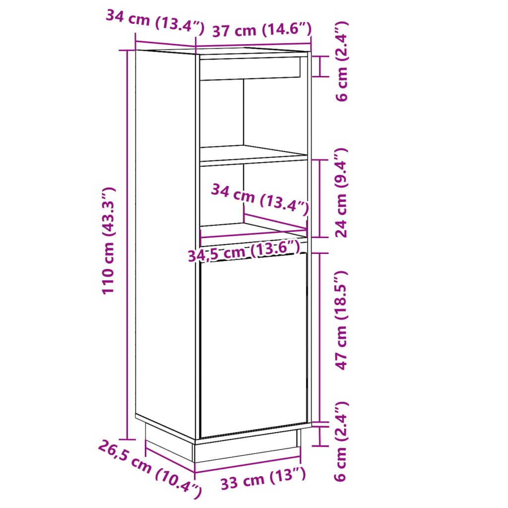 Visoka komoda siva 37 x 34 x 110 cm od masivne borovine