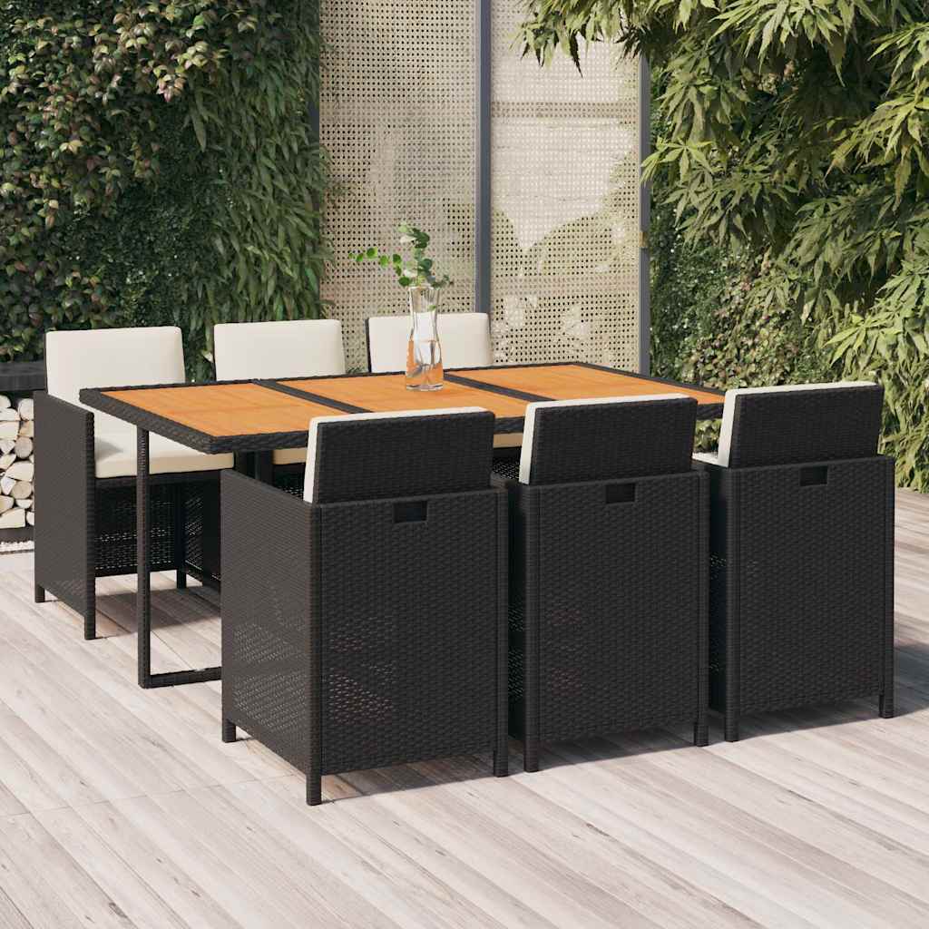 7-dijelni vrtni blagovaonski set s jastucima crni od poliratana Crna 163 cm table length