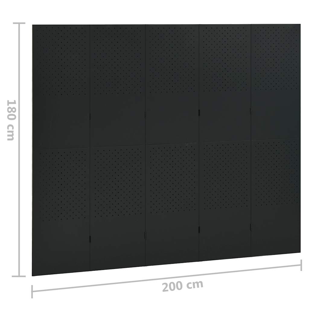 Sobne pregrade s 5 panela 2 kom crne 200 x 180 cm čelične