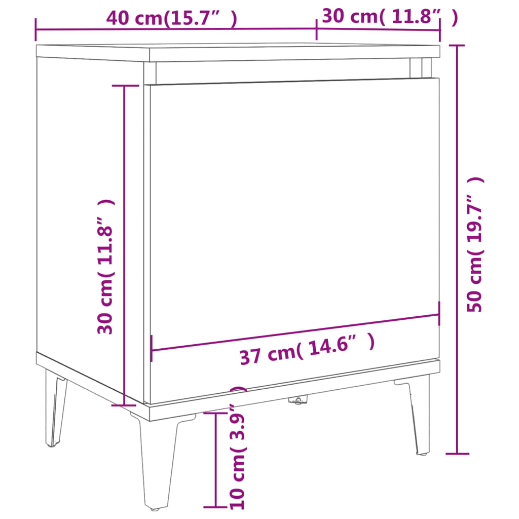 Noćni ormarići s metalnim nogama boja sivog hrasta 40x30x50 cm