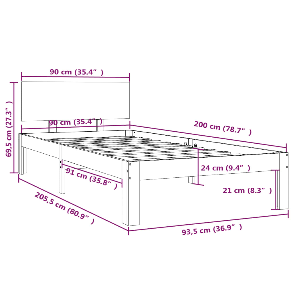 Okvir za krevet od masivne borovine sivi 90 x 200 cm