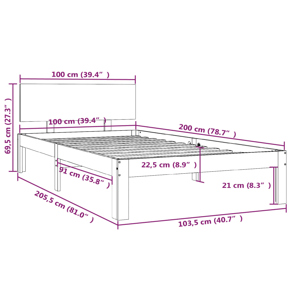 Okvir za krevet od masivne borovine bijeli 100 x 200 cm