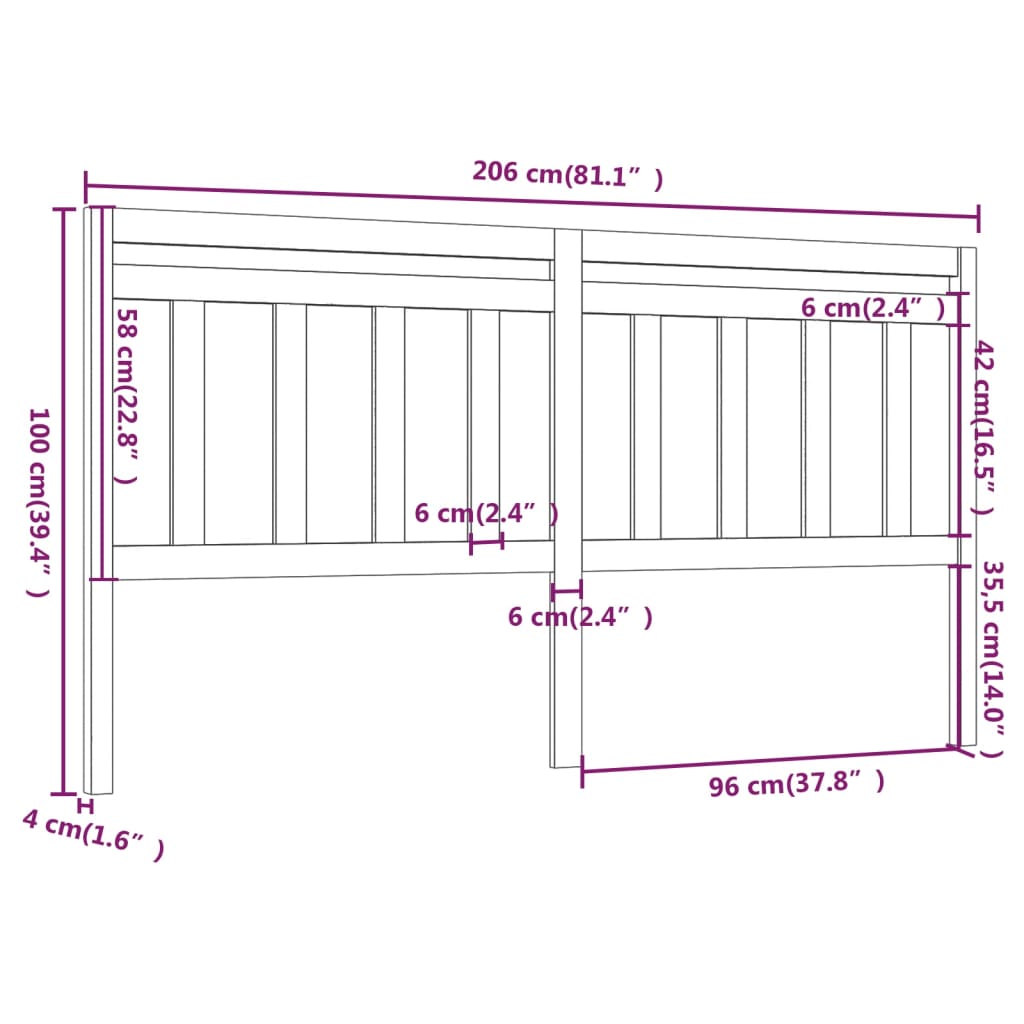 Uzglavlje za krevet crno 206 x 4 x 100 cm od masivne borovine