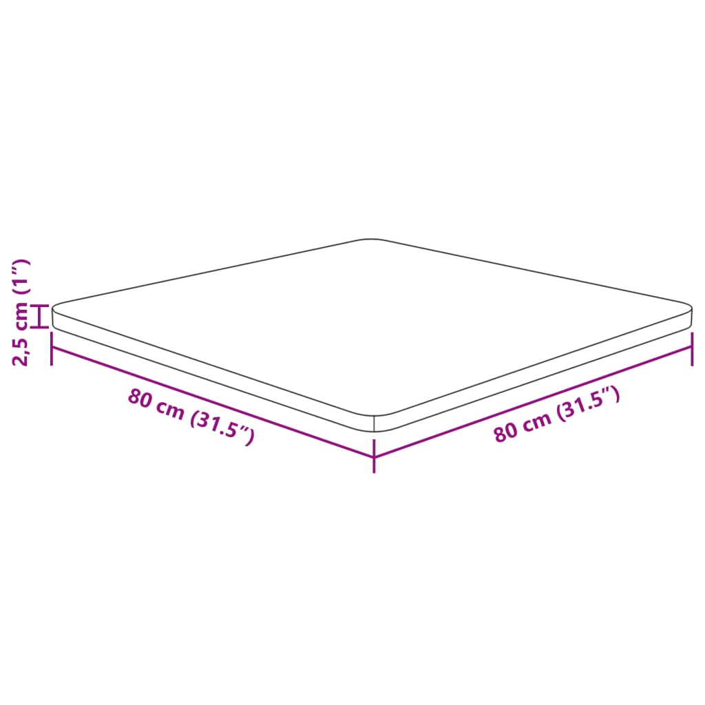 Četvrtasta stolna ploča 80 x 80 x 2,5 cm netretirana hrastovina