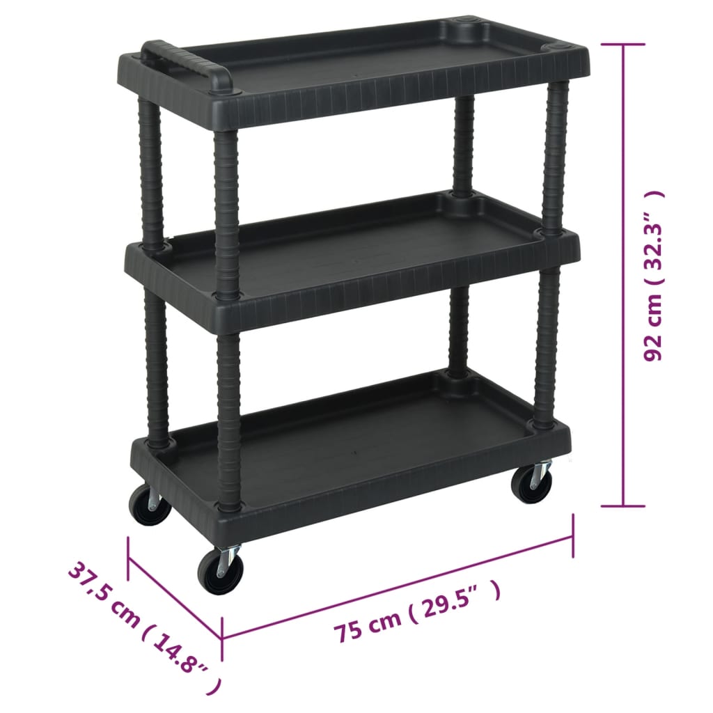 Radionička kolica za alat s 3 razine crna 75 x 37,5 x 92 cm PP