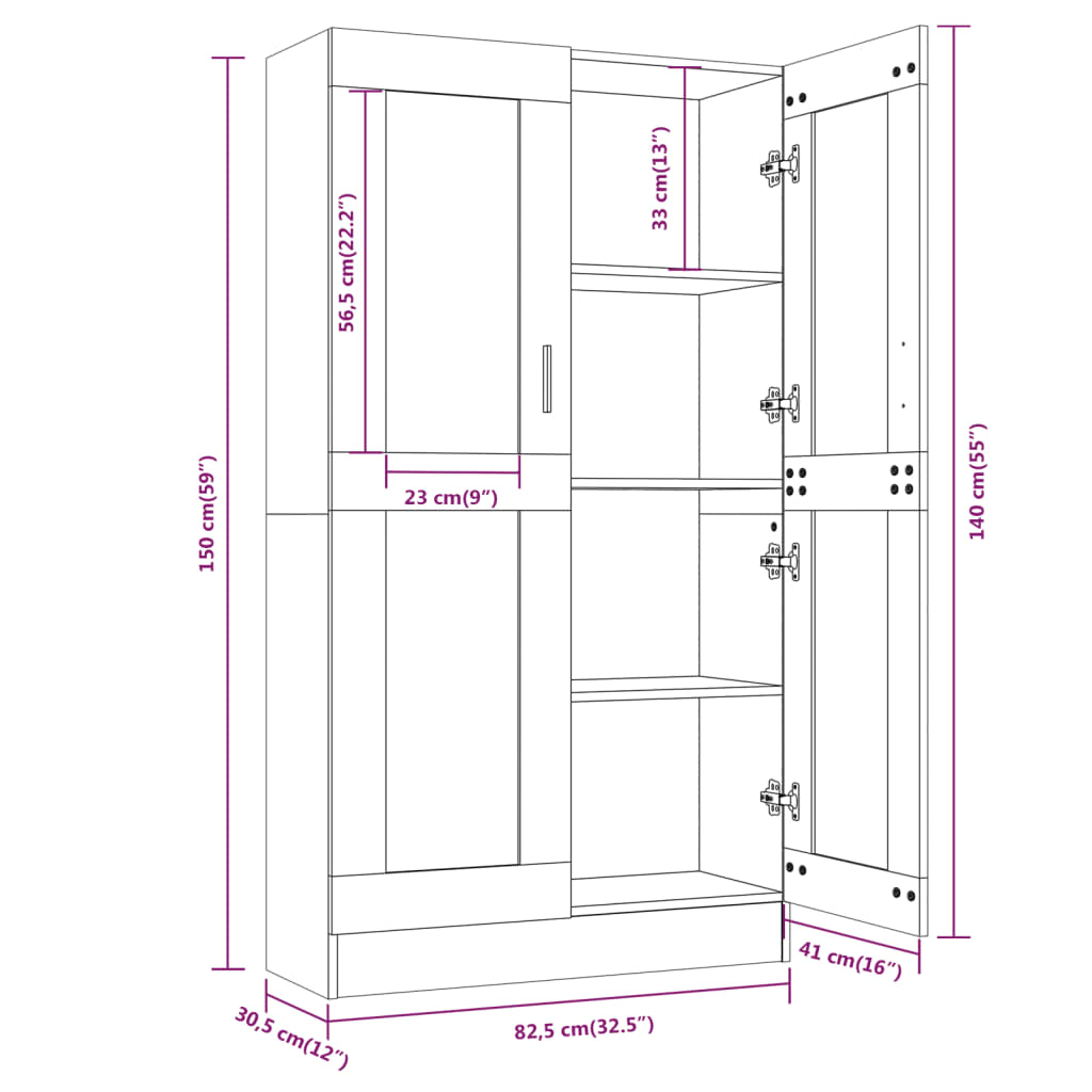 Vitrina boja dimljenog hrasta 82,5 x 30,5 x 185,5 cm drvena