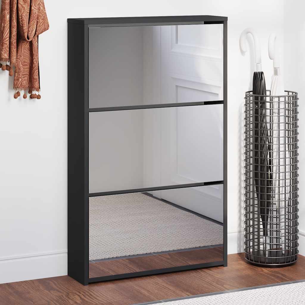 Ormarić za cipele s ogledalom, 3-slojni, crni, 63x17x102,5 cm