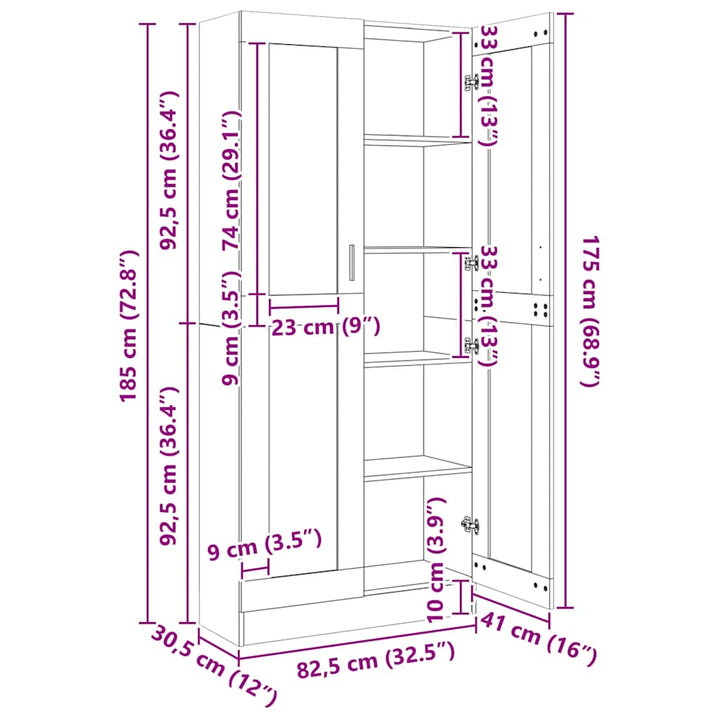 Vitrina boja dimljenog hrasta 82,5 x 30,5 x 185 cm drvena
