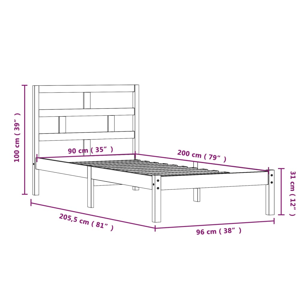 Okvir za krevet od masivne borovine bijeli 90 x 200 cm
