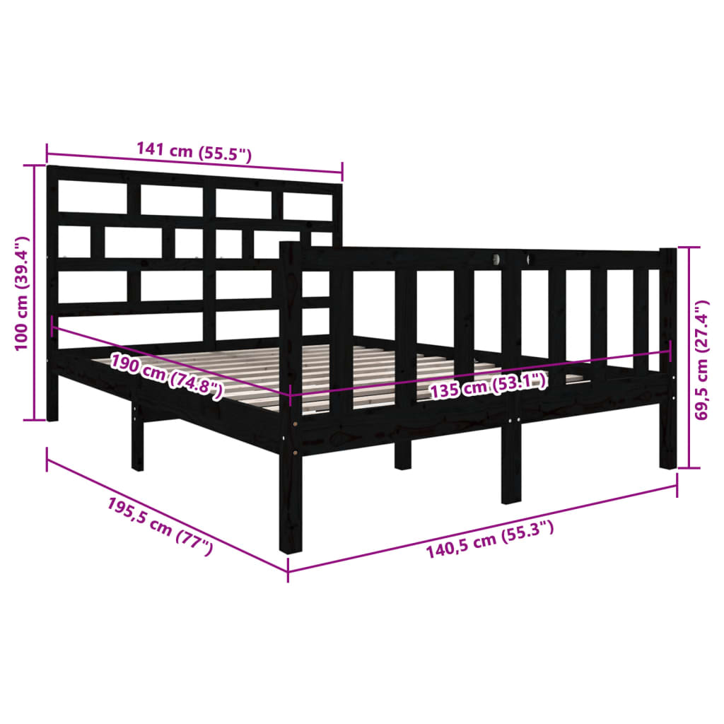 Okvir za krevet od masivne borovine crni 135x190 cm bračni