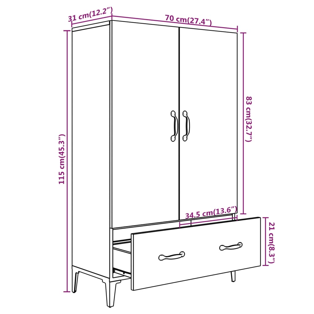 Visoka komoda siva boja betona 70x31x115 cm konstruirano drvo