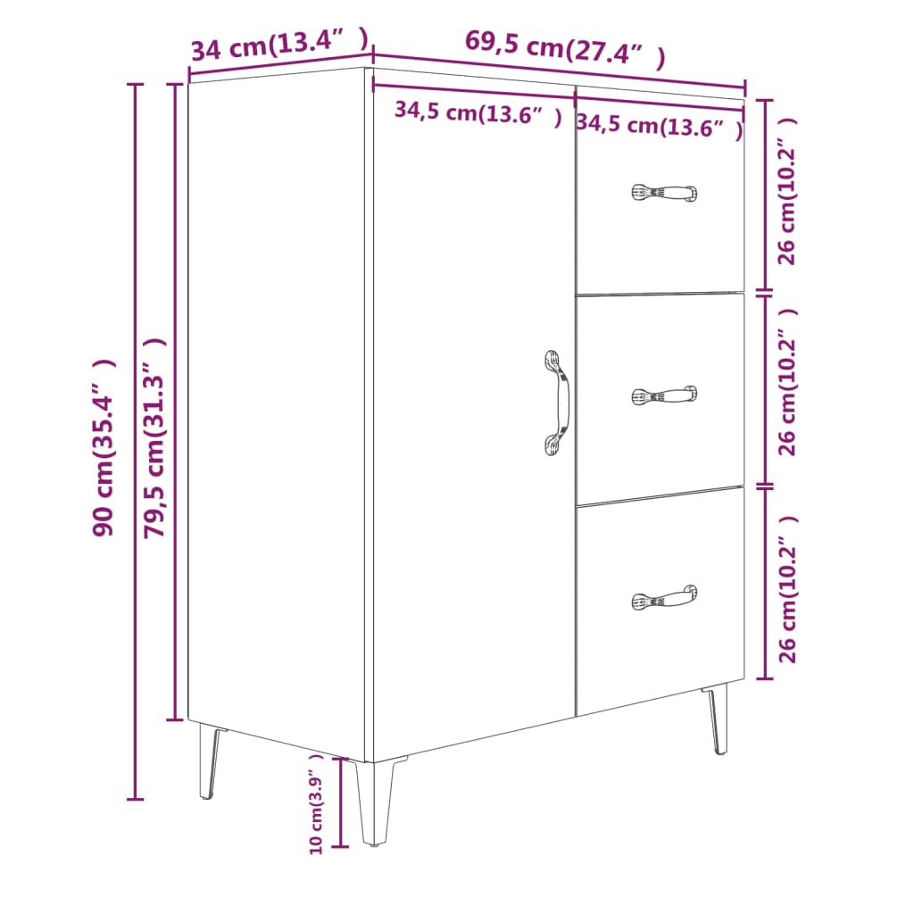 Komoda boja smeđeg hrasta 69,5x34x90 cm od konstruiranog drva