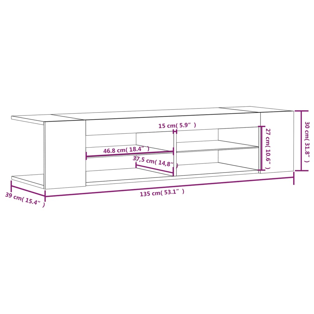 TV ormarić s LED svjetlima boja dimljenog hrasta 135x39x30 cm