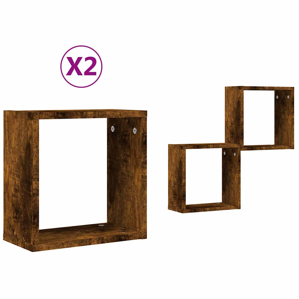 Zidne kockaste police 2 kom dimljeni hrast 30x15x30 cm