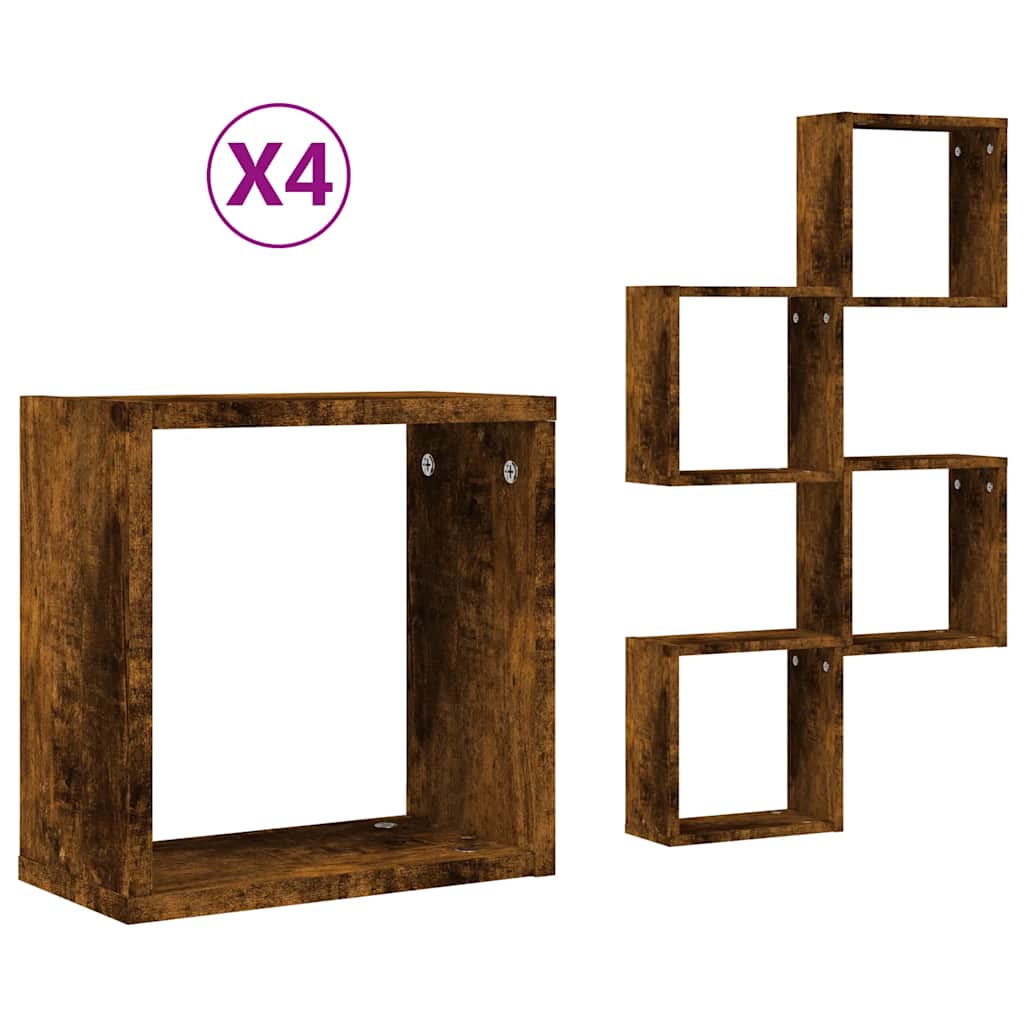 Zidne kockaste police 4 kom dimljeni hrast 30x15x30 cm