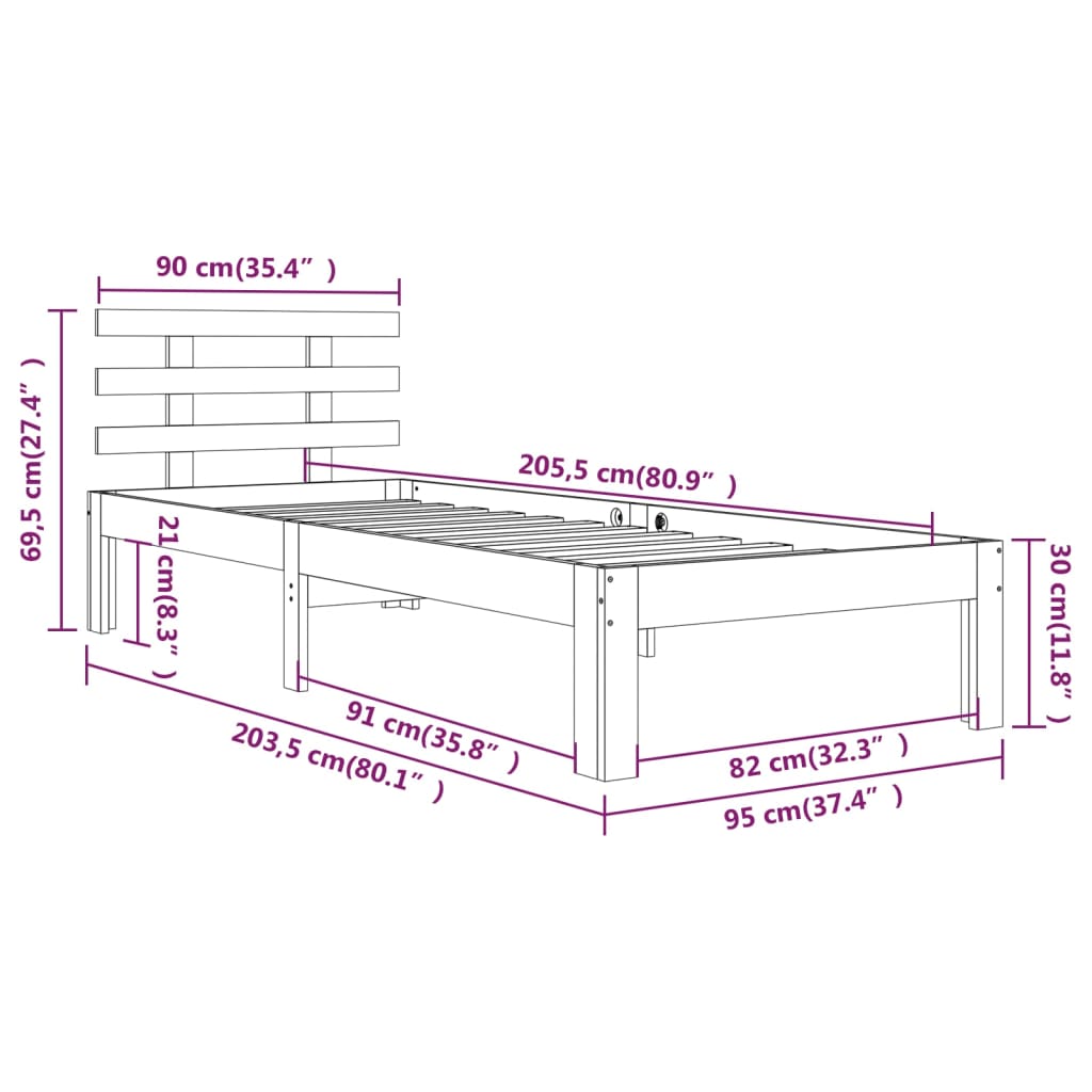 Okvir za krevet od masivnog drva bijeli 90 x 200 cm